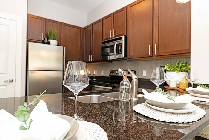 Elegant kitchen with dark granite countertops, sleek stainless steel appliances, and warm wooden cabinets, perfect for stylish culinary creations.