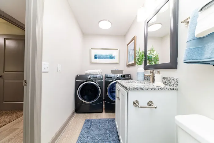 Chic modern laundry room with premium washer and dryer, elegant granite countertops, and stylish decor accents.