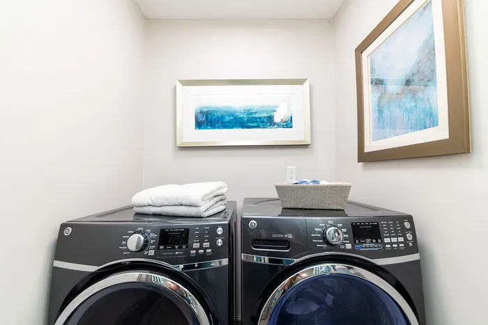 Modern laundry room featuring sleek appliances and contemporary art, offering a stylish and functional space.