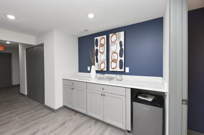 Chic apartment corner with modern grey cabinetry, elegant counter space, and vibrant abstract wall art, perfect for contemporary living.