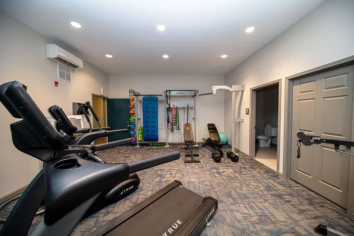 Modern apartment gym featuring state-of-the-art exercise equipment, including treadmills, weights, and a multi-functional workout station.