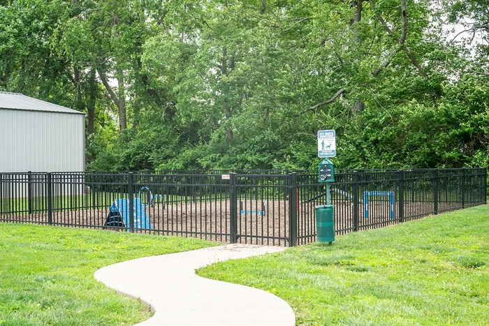 Inviting outdoor dog park with agility equipment, enclosed by a black fence, surrounded by lush greenery.