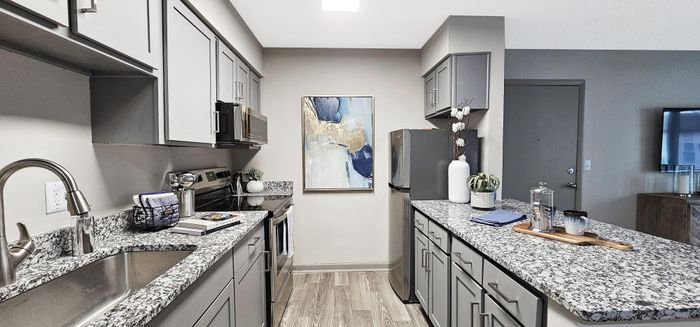 Chic modern kitchen with elegant granite countertops, sleek gray cabinets, and stylish decor, offering a perfect blend of functionality and aesthetics.