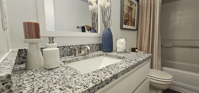 Elegant bathroom with granite countertop, stylish decor, and inviting bathtub.