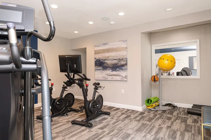 Modern fitness room featuring stationary bikes, exercise balls, and yoga mats in a bright, welcoming space.