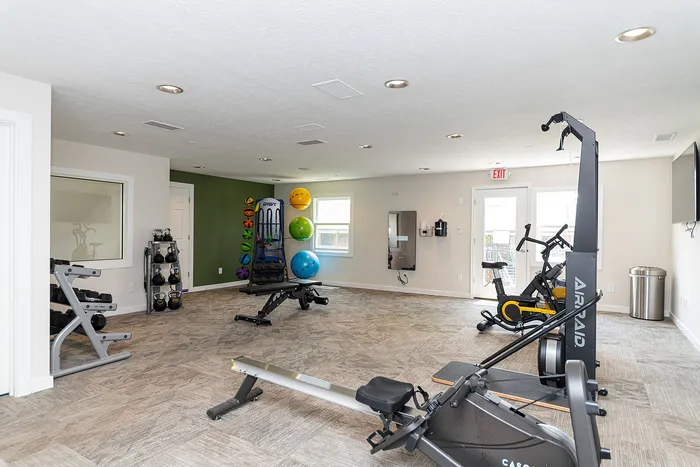 Modern fitness room with state-of-the-art gym equipment, vibrant exercise balls, and ample natural light.