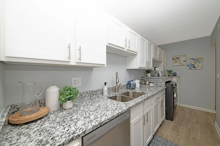 Modern kitchen with elegant granite countertops, sleek white cabinetry, and stylish decor creating a bright and inviting space.