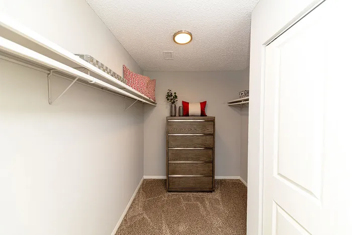Spacious walk-in closet with plush carpeting, stylish wooden dresser, and ample shelving for storage.