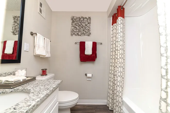 Bright and modern bathroom featuring a sleek granite countertop, elegant wall art, and stylish red and white towels.