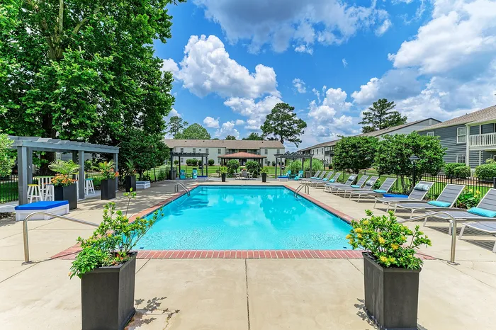 Inviting outdoor pool area with lush landscaping, modern lounge chairs, and vibrant pergola seating under a bright blue sky.