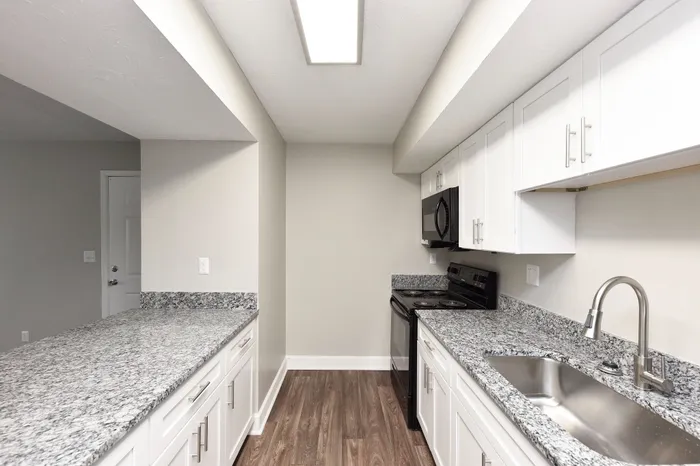 Modern kitchen with sleek granite countertops, white cabinetry, and stainless steel appliances, offering a stylish and functional cooking space.