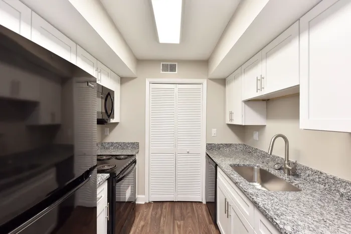 Contemporary kitchen with sleek granite countertops, modern appliances, and elegant cabinetry, showcasing a functional and stylish design.