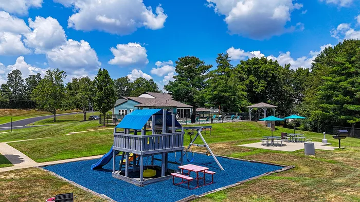 Charming community playground featuring vibrant slides, a picnic area, and lush green surroundings under a clear blue sky.