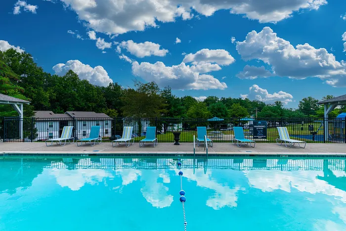 Inviting outdoor pool setting with vibrant loungers under a picturesque sky, surrounded by lush greenery and modern homes.