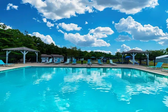 Inviting outdoor pool area surrounded by cozy lounge chairs and lush greenery under a bright blue sky.