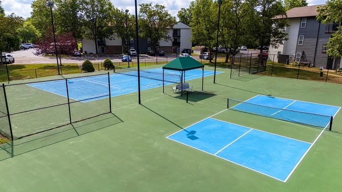 Inviting sports area with pristine tennis and pickleball courts surrounded by lush greenery, perfect for outdoor activities.