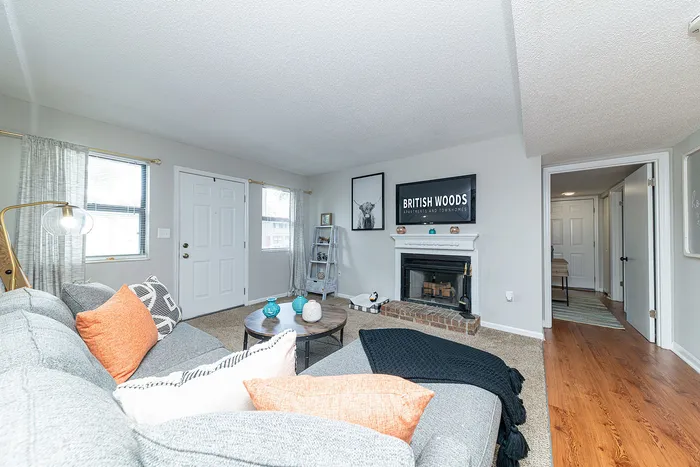 Inviting living room in British Woods apartment featuring a cozy fireplace, modern decor, and a comfortable gray sofa with accent pillows.