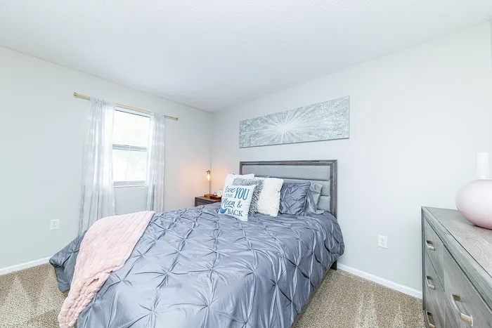 Inviting bedroom with plush gray bedding, modern decor, and natural light streaming through a window.
