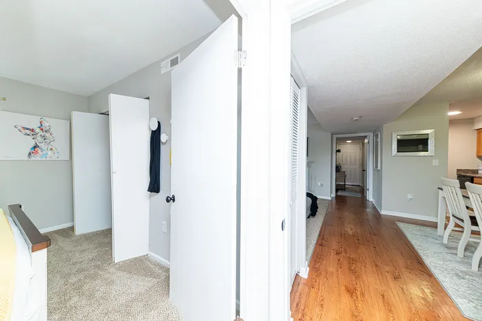 Inviting apartment hallway with wooden flooring and a cozy carpeted room, complemented by modern decor and ample natural light.