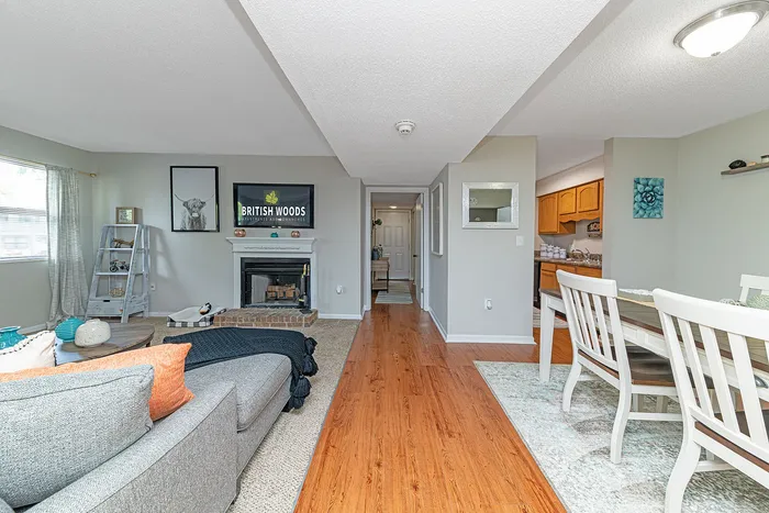 Cozy living area with modern decor, featuring a comfortable grey sofa, a stylish fireplace, and a welcoming dining space opening to a warm-toned kitchen.