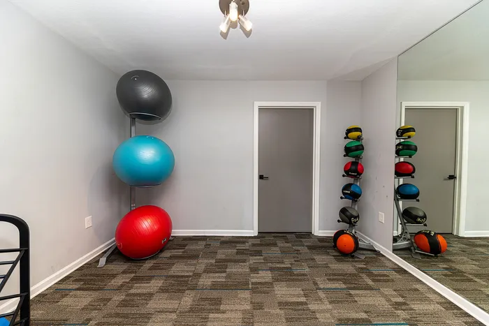 Modern apartment gym area with exercise balls and mirrored wall, offering a sleek workout space.