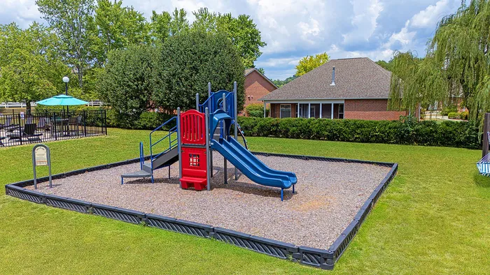 Inviting community playground featuring a vibrant red and blue slide set amid lush green surroundings, perfect for family enjoyment.