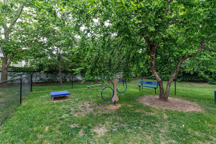 Charming outdoor area featuring a fenced dog park with lush greenery, picnic tables, and playful agility equipment under a canopy of trees.