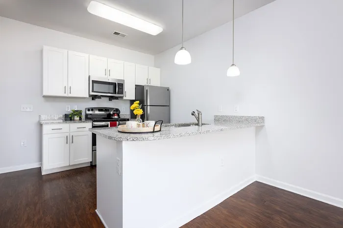 Modern kitchen with sleek granite countertops, stainless steel appliances, and bright pendant lighting.