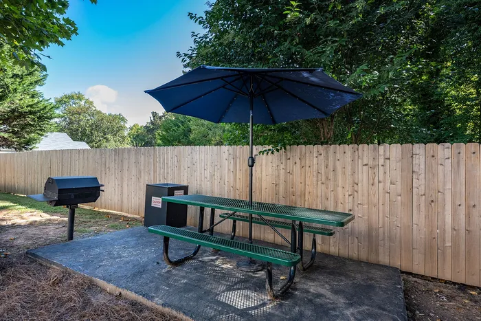 Charming outdoor picnic area with a green table, large umbrella, and nearby grill, ideal for backyard gatherings.