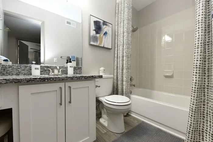 Modern bathroom with granite countertop, elegant fixtures, and tasteful decor, featuring a stylish shower curtain and clean white cabinetry.
