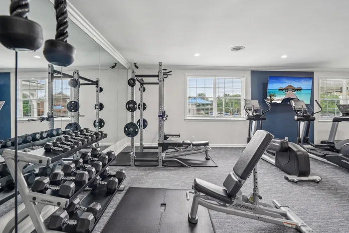 Modern fitness center with state-of-the-art equipment, including treadmills, weight racks, and exercise machines, featuring bright windows and a relaxing landscape image.