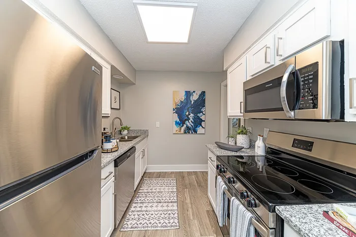 Modern kitchen with sleek stainless steel appliances, stylish granite countertops, and contemporary artwork, perfect for culinary creativity.