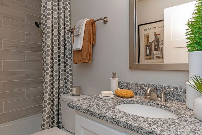 Chic bathroom featuring a granite countertop with modern fixtures, elegant tile backsplash, and stylish accessories creating a sophisticated ambiance.