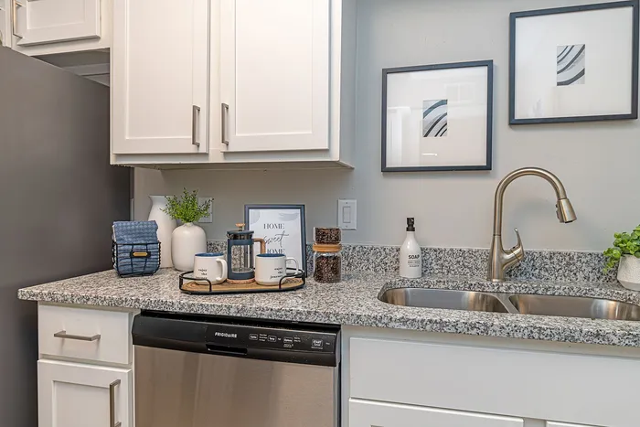 Chic kitchen corner with modern granite countertops, elegant cabinetry, and stainless steel faucet. Stylish decor adds a cozy touch.