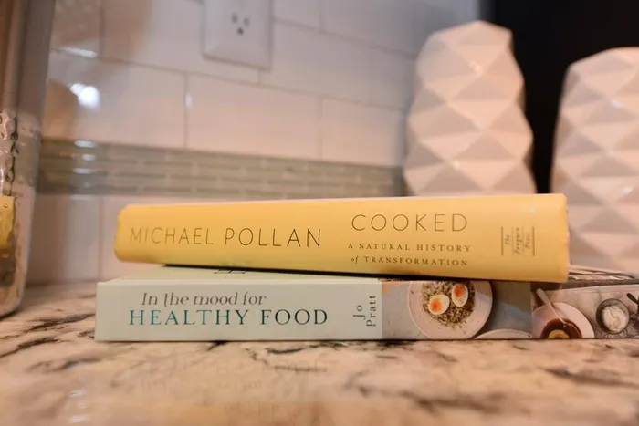 Kitchen decor- cook books on granite counters
