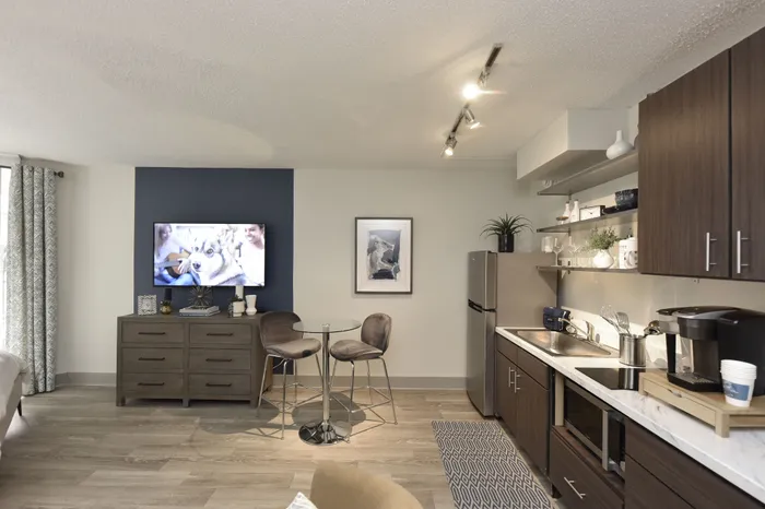Chic apartment interior featuring a cozy kitchen with modern appliances, a stylish dining area with plush seating, and a warm living space with a large TV and tasteful decor.