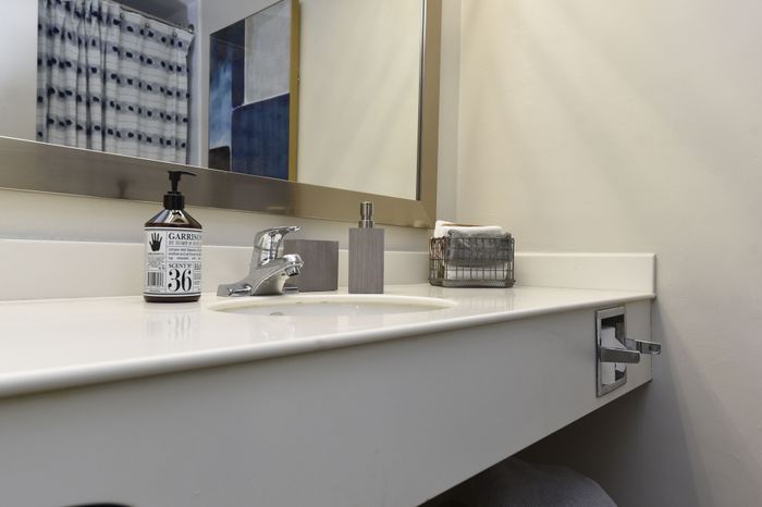 Elegant bathroom vanity featuring a sleek countertop with modern accessories and chic wall art, perfect for a luxurious home.