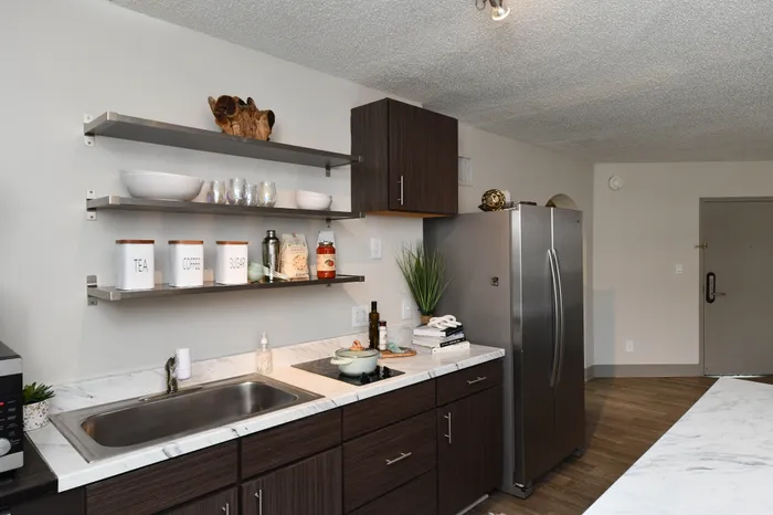 Modern kitchen with sleek dark wood cabinets, elegant open shelving, and stainless steel appliances, offering a chic and functional space.