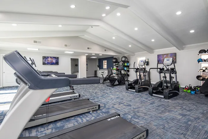 Bright and modern fitness center featuring state-of-the-art treadmills, elliptical machines, and vibrant decor.