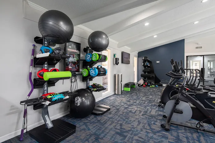Contemporary fitness center with state-of-the-art exercise machines, vibrant workout equipment, and spacious interior.