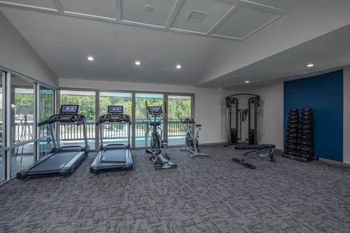 Modern fitness center with state-of-the-art treadmills, exercise bikes, weight machines, and a scenic outdoor view.