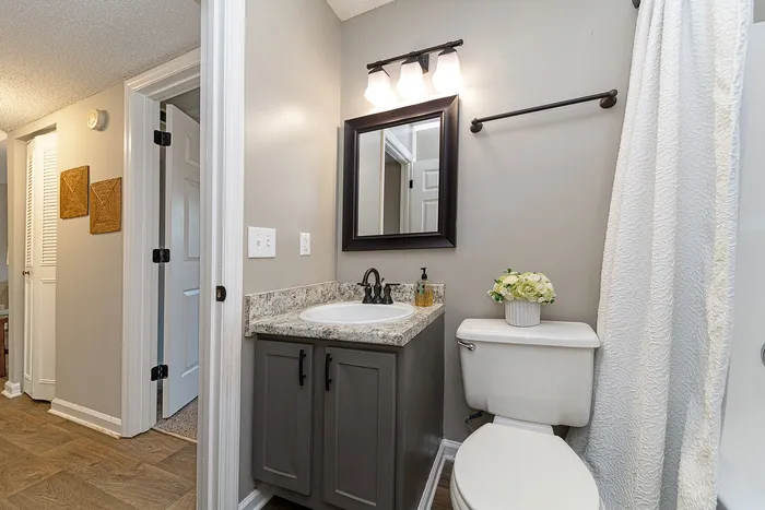 Elegant bathroom with modern lighting, granite countertop, and decorative floral accents.