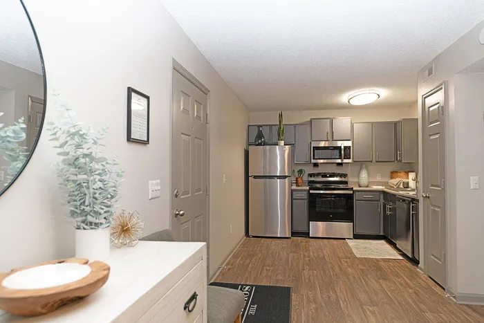 Modern kitchen with sleek stainless steel appliances, stylish gray cabinets, and elegant decor, offering a sophisticated culinary space.