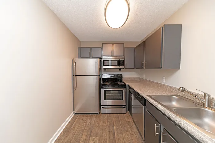 Modern kitchen with sleek stainless steel appliances and elegant gray cabinetry, perfect for culinary enthusiasts.