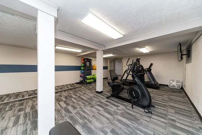 Modern apartment fitness room equipped with sleek exercise bikes and vibrant fitness equipment on patterned flooring.