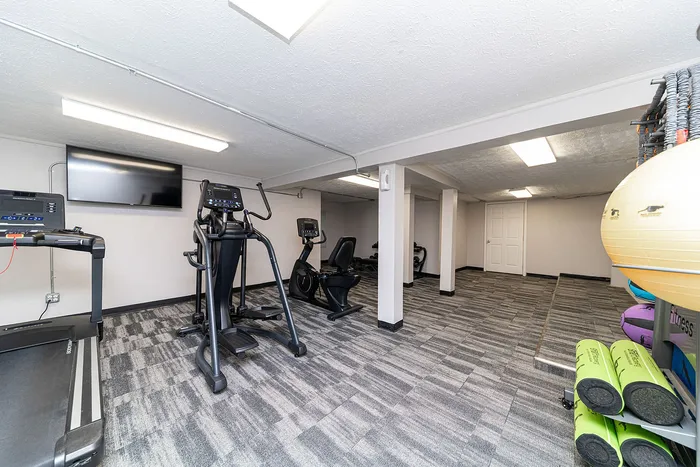 Modern fitness room featuring state-of-the-art exercise equipment, ample natural light, and vibrant workout accessories providing a perfect space for a healthy lifestyle.