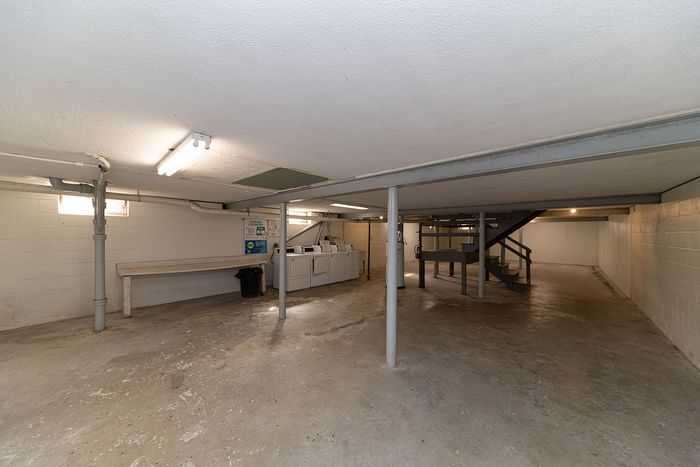 Spacious basement with ample lighting, featuring laundry facilities and storage areas, ideal for multi-purpose use.