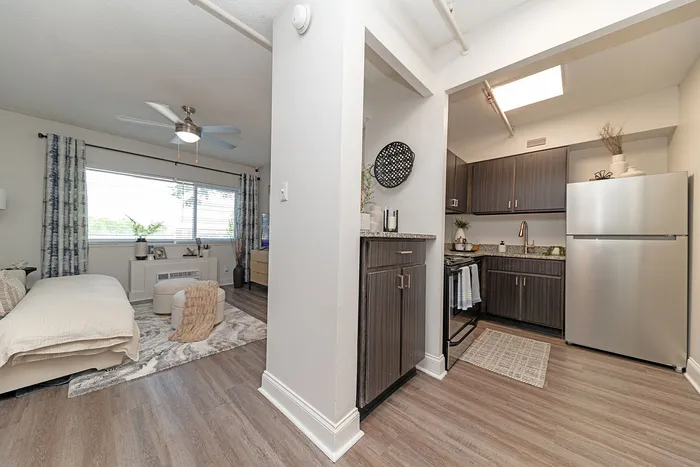 Inviting open-plan apartment with a modern kitchen, cozy living area, and sleek wood flooring, perfect for comfortable urban living.