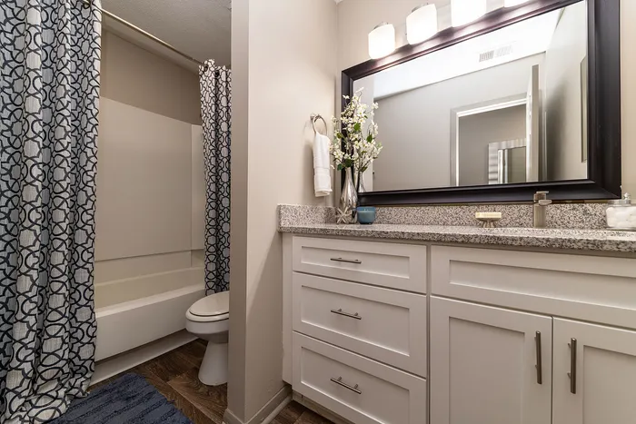 Elegant bathroom with stylish granite countertops, soft lighting, and modern fixtures; features a chic shower curtain and decorative accents for a luxurious feel.