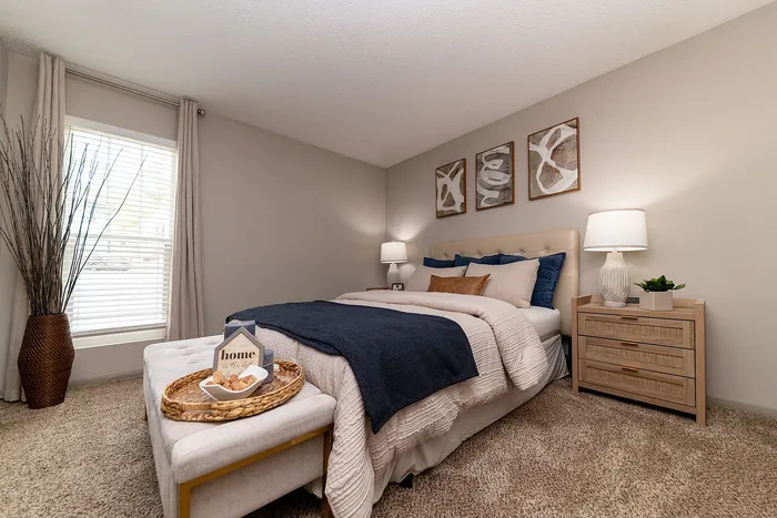Cozy and elegant bedroom featuring a plush bed with stylish bedding, warm lighting, and modern decor accents.